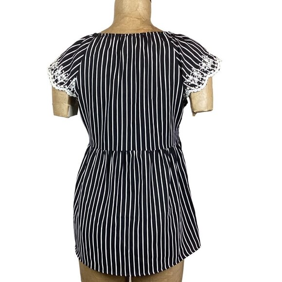 Savanna Jane BOHO Smocked Embroidered Peplum Ruffle Top Black & White Sz M #244C - Picture 5 of 9